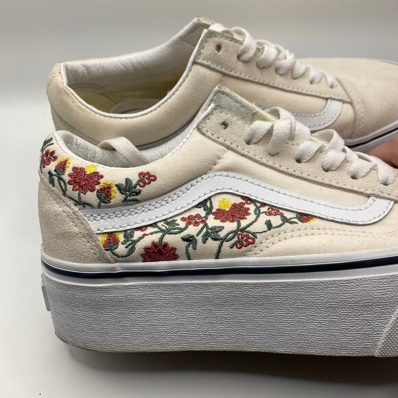 Vans Old Skool Platform Sneakers 7 Floral Embroidered Cream White Skate Shoes - Picture 5 of 8